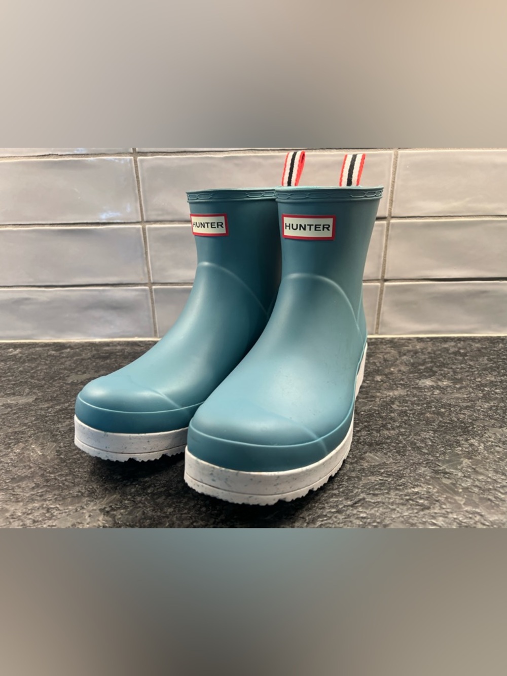 Hunter Teal Short Waterproof Rain Boots with White Sole
